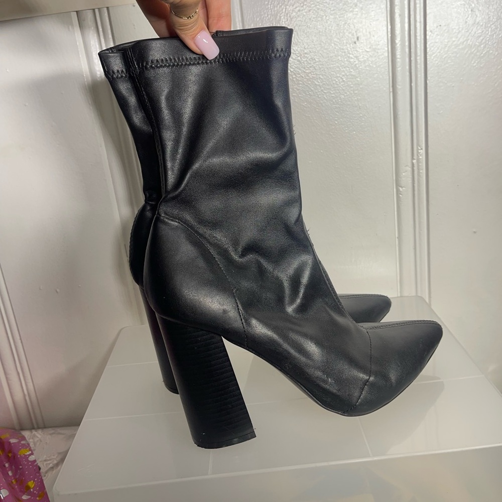 Faux Leather Block Heel Sock Boots
